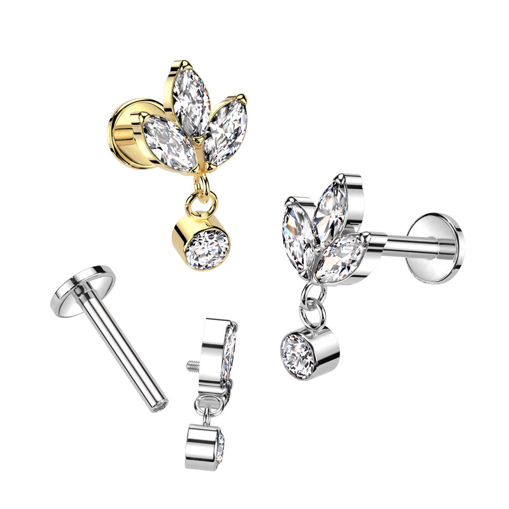 16G Titanium Internally Threaded W/ 3 Marquise Dangle Top For Ear Piercings